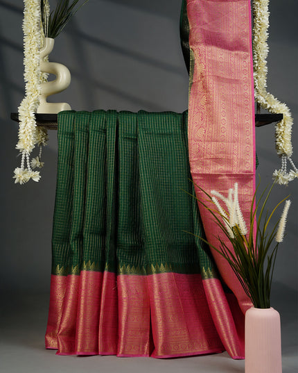 Green Silk Allover Golden Zari Weaving Checks Design with Kanchi Border- Green