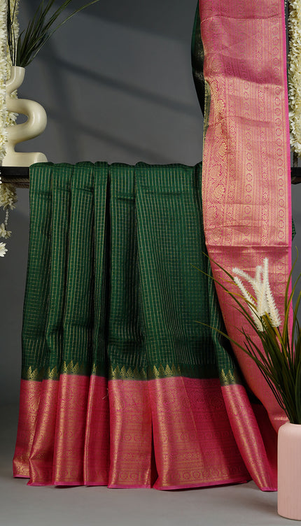 Green Silk Allover Golden Zari Weaving Checks Design with Kanchi Border- Green