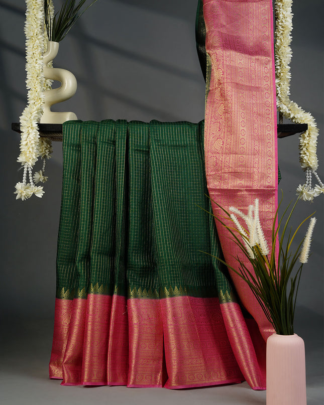Green Silk Allover Golden Zari Weaving Checks Design with Kanchi Border- Green