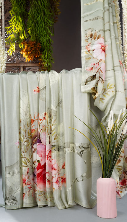 Georgette Saree With Floral Print- Light Green