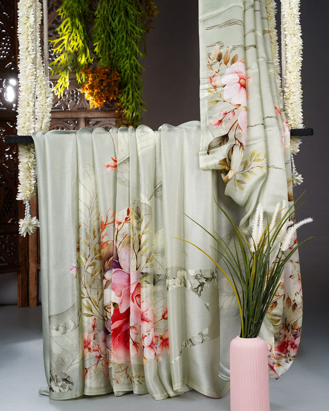 Georgette Saree With Floral Print- Light Green