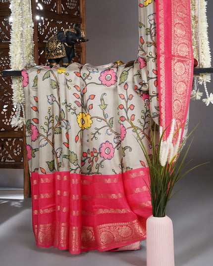 Binny crepe saree with digital print zari border  - Light Cream