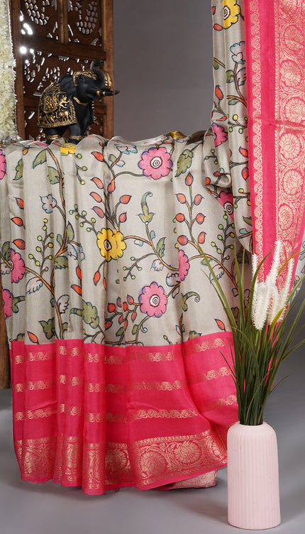 Binny crepe saree with digital print zari border  - Light Cream