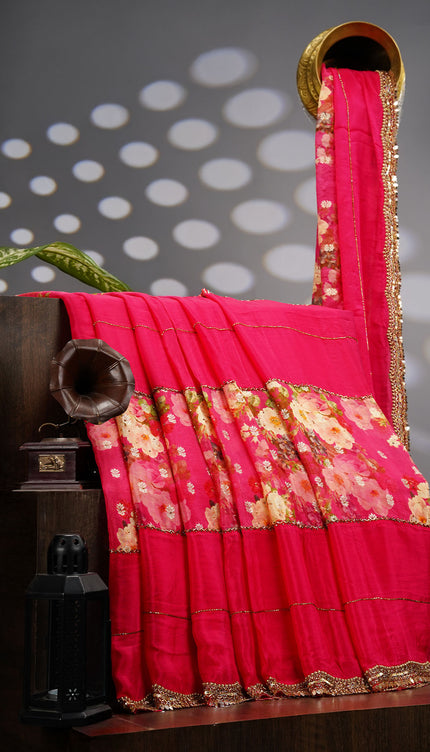 Crepe Saree With Floral Print Scallop Border Kardhana Sequence Work - Pink