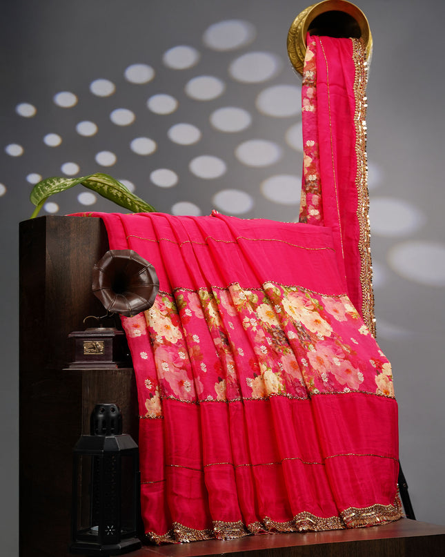 Crepe Saree With Floral Print Scallop Border Kardhana Sequence Work - Pink