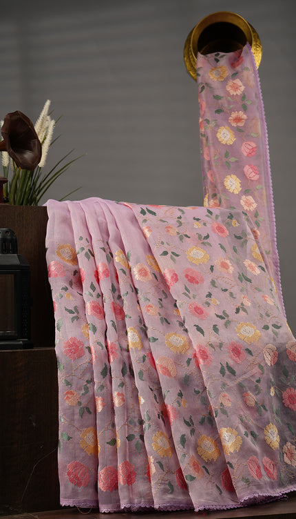 Tissue Linen Saree With Thread Embroidery with Lace Border - Lavender