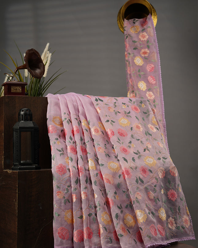 Tissue Linen Saree With Thread Embroidery with Lace Border - Lavender