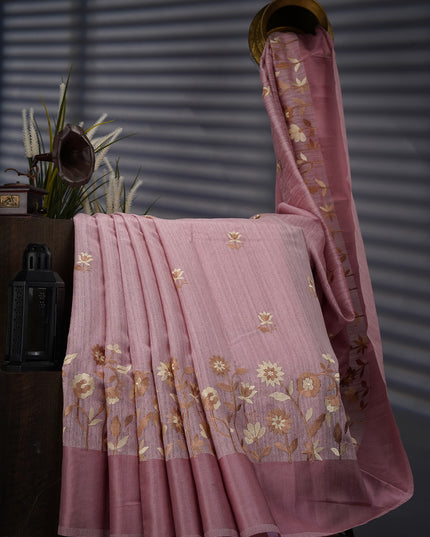 Jute Linen With Thread Embroidery Butties And Satin Border - Onion Pink