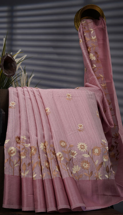 Jute Linen With Thread Embroidery Butties And Satin Border - Onion Pink