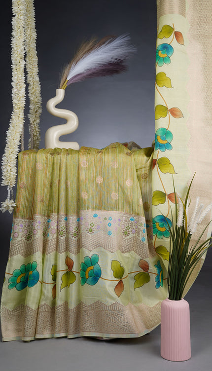 Banaras Silk Saree With Golden Butties Gap Border - Pista Green