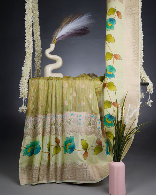 Banaras Silk Saree With Golden Butties Gap Border - Pista Green