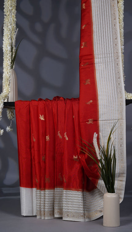 Dola Silk Saree with Golden Butties and Contrast Border- Red