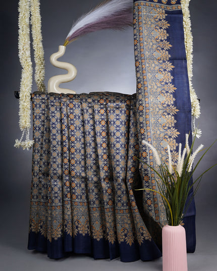Pure Silk Saree With Ajrakh Print - Blue