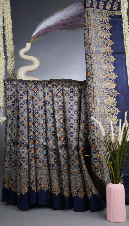 Pure Silk Saree With Ajrakh Print - Blue