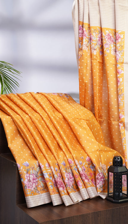 Semi Tusser with Floral Contrast Pallu and Weaving Checks