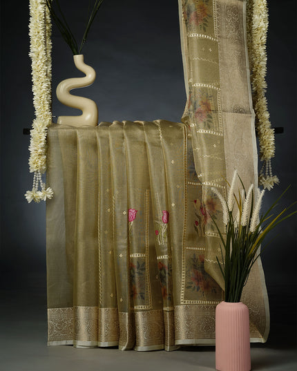 Handloom Jute Chanderi Saree with Floral Print and a Woven Border- Olive Green