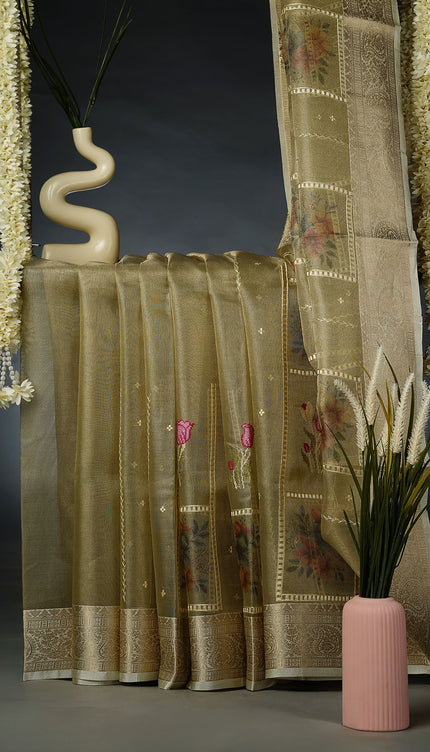 Handloom Jute Chanderi Saree with Floral Print and a Woven Border- Olive Green