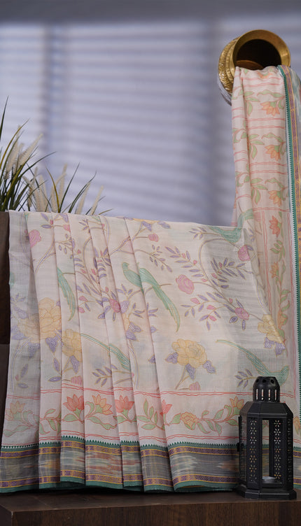 Cotton Digital Kantha Work Print Ikkath Border - Off White