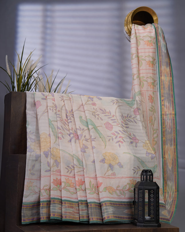 Cotton Digital Kantha Work Print Ikkath Border - Off White