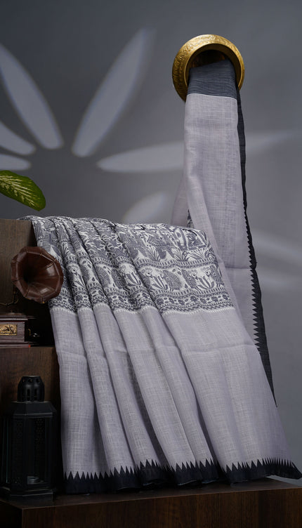 Lenin Silk Saree with Madhubhani Print with Contrast Border- Grey