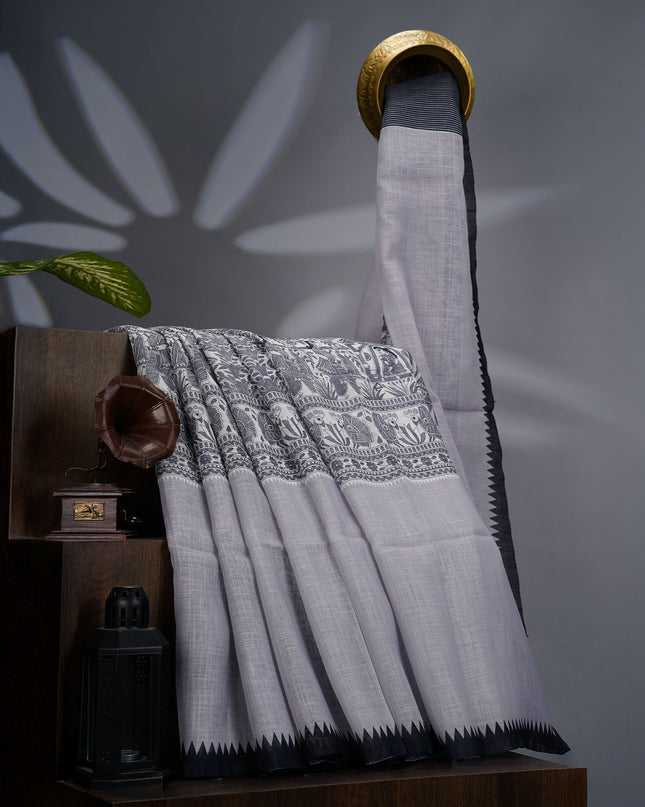 Lenin Silk Saree with Madhubhani Print with Contrast Border- Grey