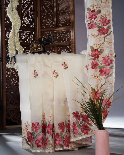 Soft organza saree with thread work butties and lace border - Off White