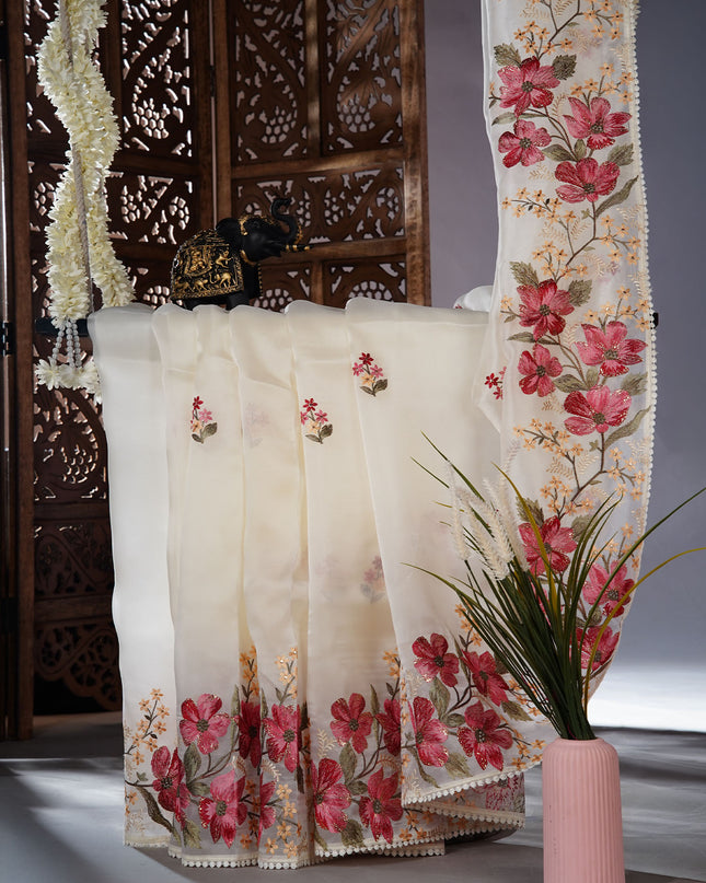 Soft organza saree with thread work butties and lace border - Off White