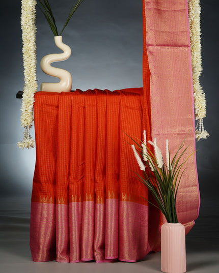 Green Silk all Over Golden Zari Weaving Checks Design with Kanchi Border- Orange