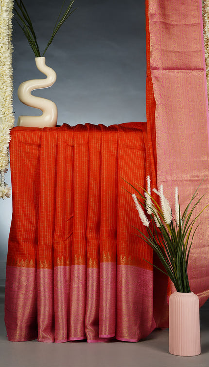 Green Silk all Over Golden Zari Weaving Checks Design with Kanchi Border- Orange