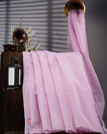 Tissue Linen Saree With Thread Knot Work Butties With Scallop Border - Lavender