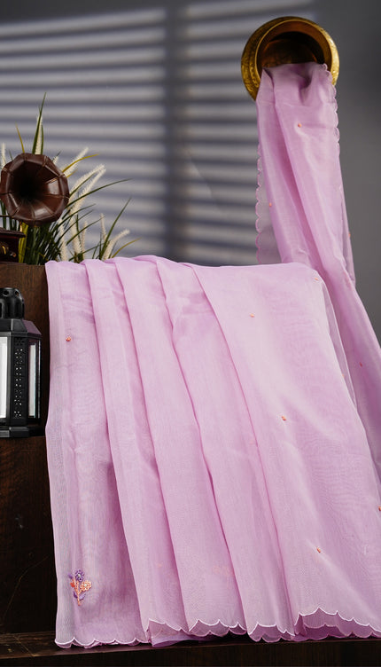 Tissue Linen Saree With Thread Knot Work Butties With Scallop Border - Lavender