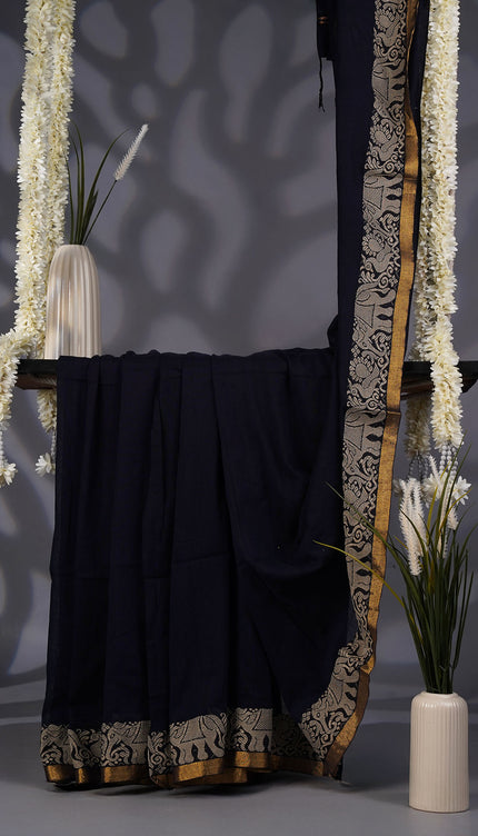 Handloom Cotton Saree with Thread Weaving Border- Navy Blue