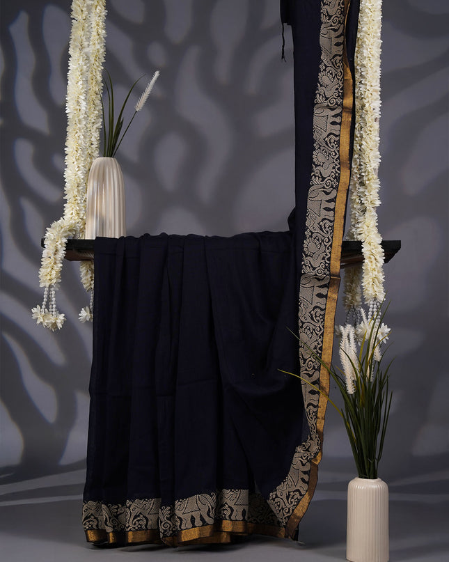 Handloom Cotton Saree with Thread Weaving Border- Navy Blue