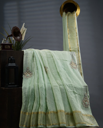 Russian Crape with Embroidery Buttis Banaras Border - Sea Green