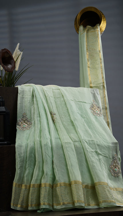 Russian Crape with Embroidery Buttis Banaras Border - Sea Green