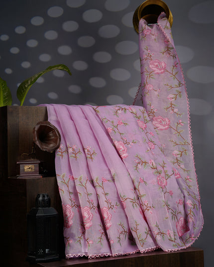 Tissue Lenin Saree with Thread Embroidery work and Lace Border- Lavender