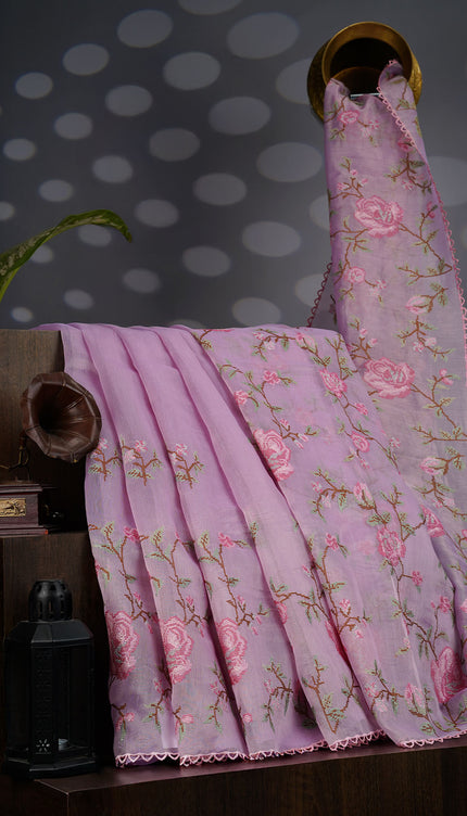 Tissue Lenin Saree with Thread Embroidery work and Lace Border- Lavender
