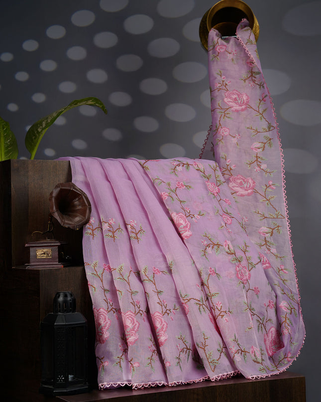 Tissue Lenin Saree with Thread Embroidery work and Lace Border- Lavender