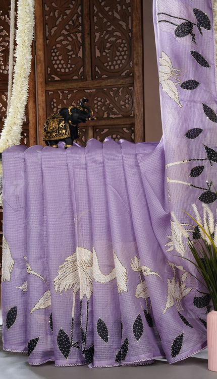 Kota saree digital print  with knot work and lace border - Lite Lavender