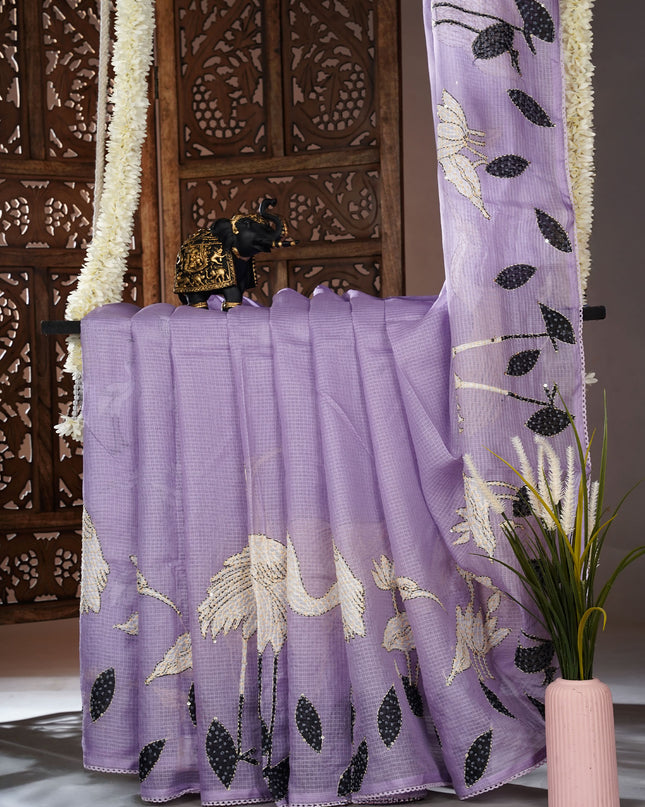 Kota saree digital print  with knot work and lace border - Lite Lavender