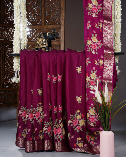 Wrinkle Crepe saree with Thread Embroidery Work and Border  - Wine