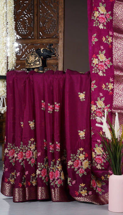 Wrinkle Crepe saree with Thread Embroidery Work and Border  - Wine