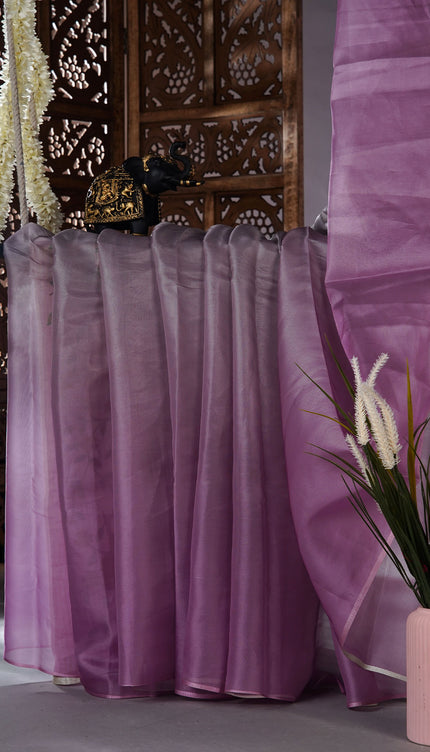 Soft organza saree with embroidered parrot motifs - Lavender