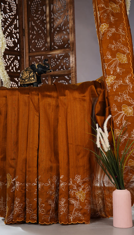 Tusser silk saree with applique and pitta work with scallop border - Rust