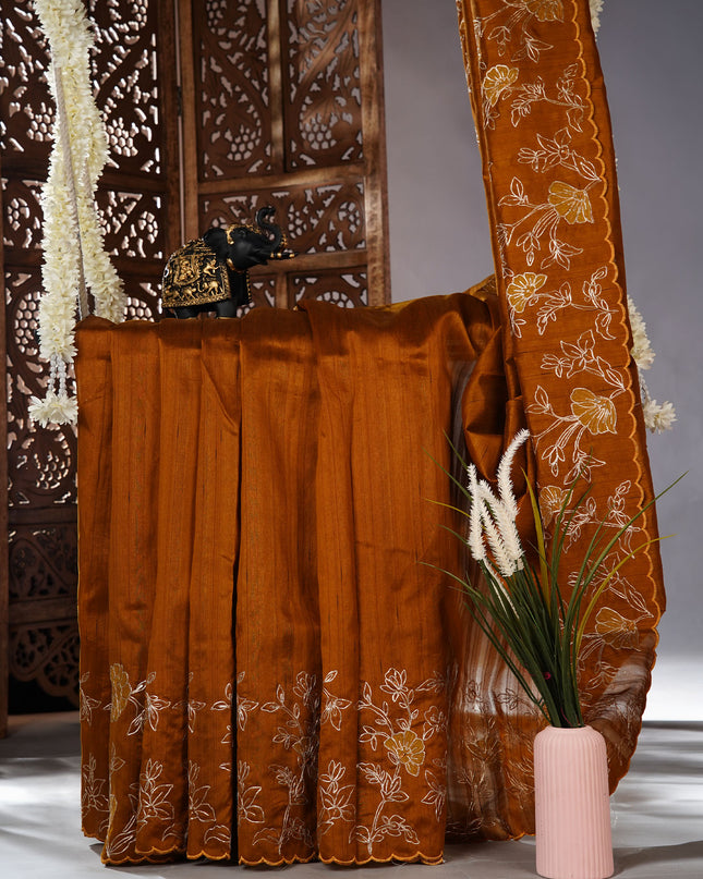 Tusser silk saree with applique and pitta work with scallop border - Rust