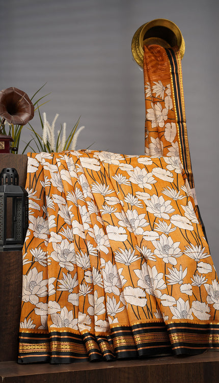 Mangalagiri Silk Digital Print Contrast Border - Mustard Yellow