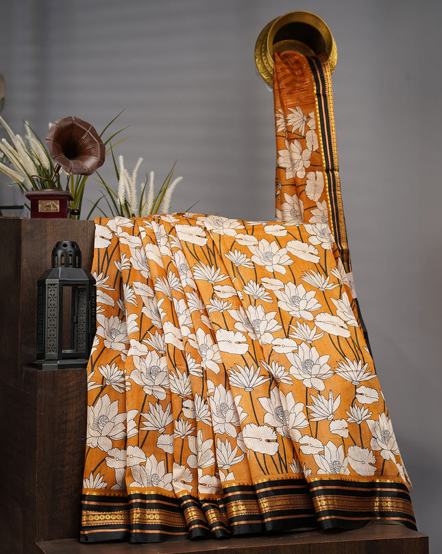 Mangalagiri Silk Digital Print Contrast Border - Mustard Yellow