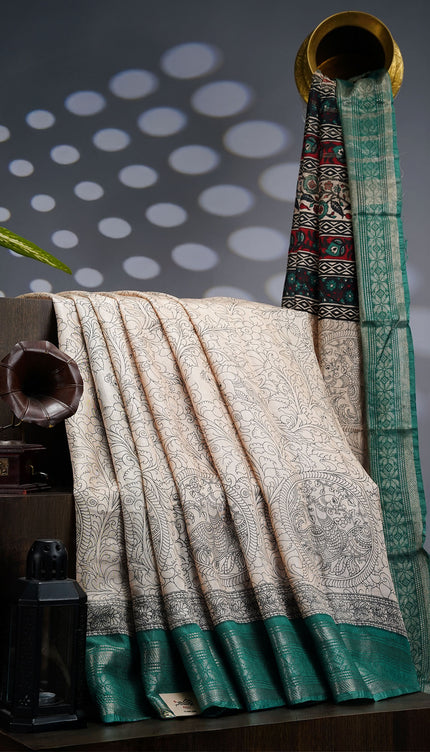 Muslin Silk Saree With Digital Print & Contrast Border  - Beige With Green