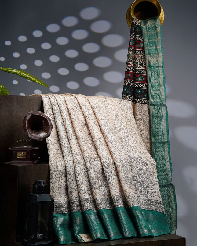 Muslin Silk Saree With Digital Print & Contrast Border  - Beige With Green