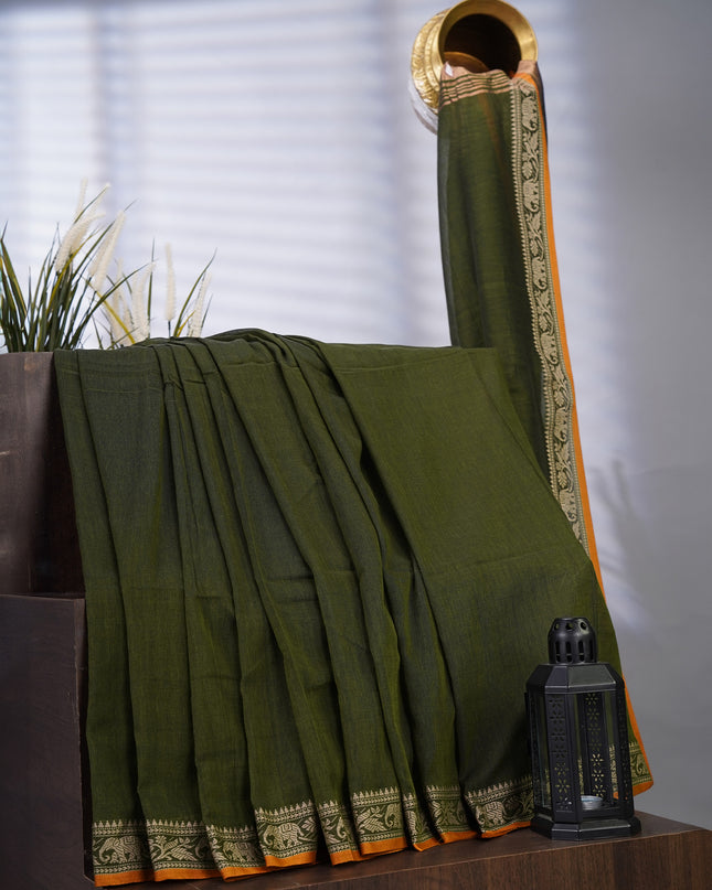 Cotton Antique Gold Zari Border - Green